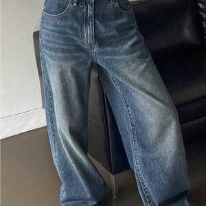 Wide Leg Two-Tone Vintage Wash Jeans - Blue